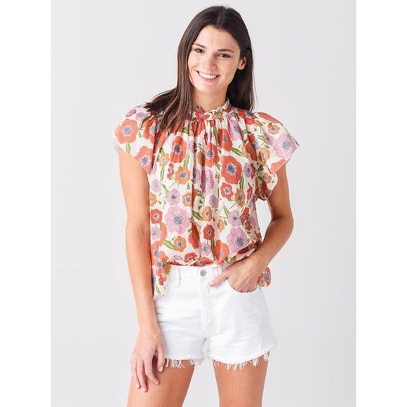 Trovata Floral Carla High Neck Shirt Ramie-Cotton Flutter Sleeve Size XS - Picture 1 of 10